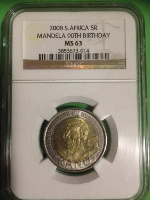 VERY RARE GRADE MS63 *** RARE GRADE 2008 NELSON MANDELA 90TH BIRTHDAY R5 *** NGC -GRADED.