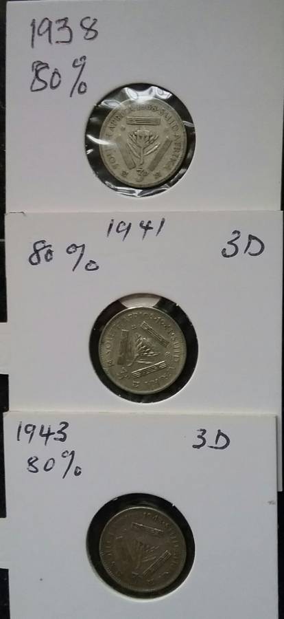 80% SILVER THREE PENCE COINS - 1938, 1941, 1943. BID PER COIN TO TAKE ALL 3.