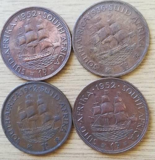 4 UNION OF SOUTH AFRICA PENNIES, INCLUDING A SCARCE 1936 D, 1942 &, 1952. BID PER COIN FOR THE LOT.