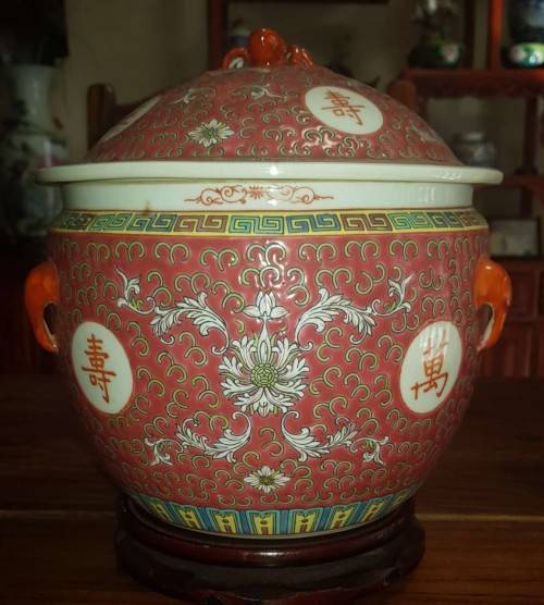 Mun Shou Rose Longevity Porcelain Soup Jar with Chinese Characters hand painted
