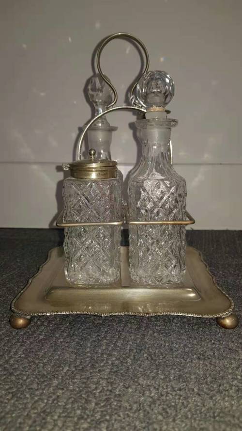 All glass salt, pepper vinegar and olive oil set- silver plated