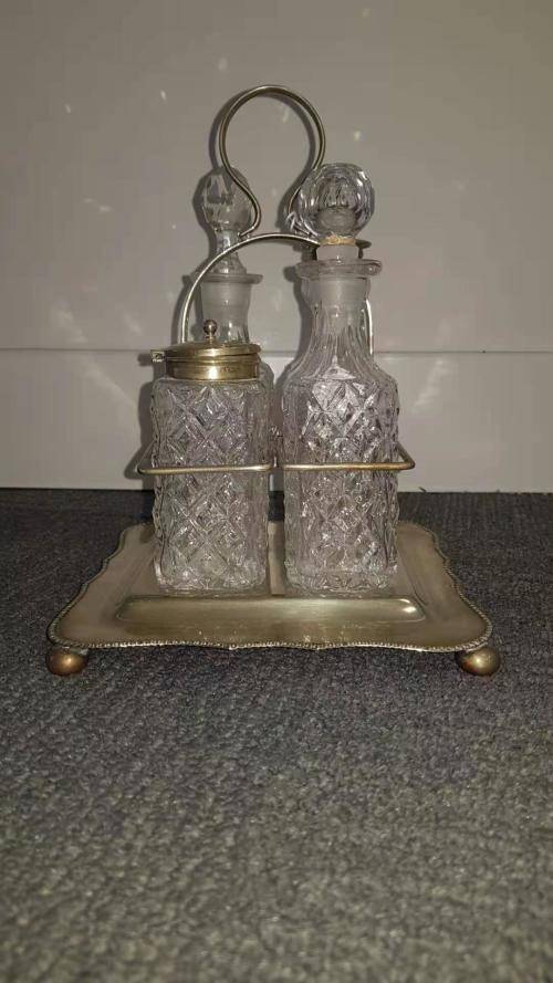 All glass salt, pepper vinegar and olive oil set- silver plated