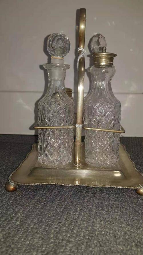All glass salt, pepper vinegar and olive oil set- silver plated