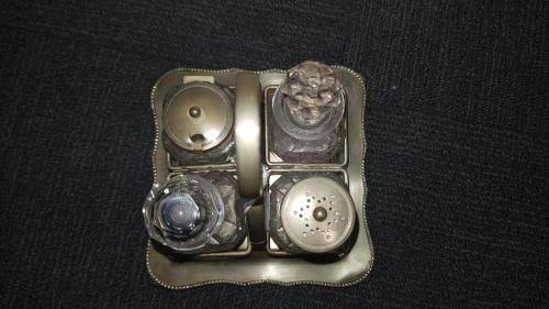 All glass salt, pepper vinegar and olive oil set- silver plated