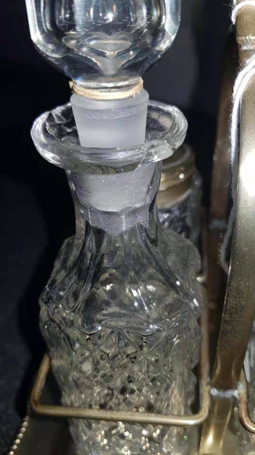 All glass salt, pepper vinegar and olive oil set- silver plated