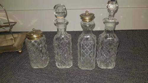 All glass salt, pepper vinegar and olive oil set- silver plated