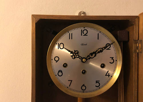 ANTIQUE WOODEN WALL CLOCK, HERMLE WESTMINSTER CHIME