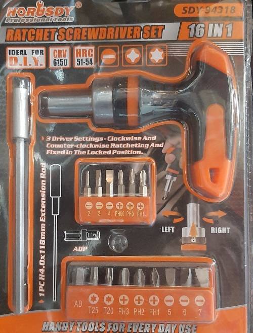 16 in 1 Ratchet Screwdriver Set, with Extension Rod, and 14 Bits, 3 driver settings, must have