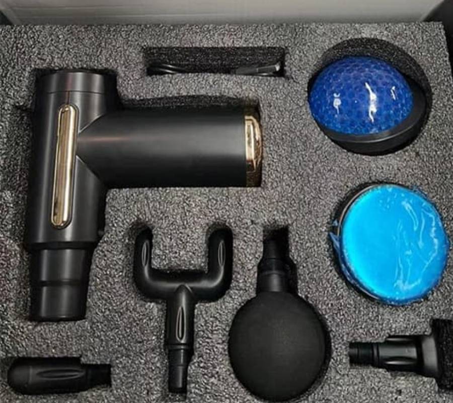 Portable Massage Gun, 4 different heads, multiple Vibration Level Settings, deep tissue pain relief