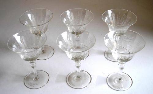 6XCUT GLASS DRINKING GLASSES WHEAT & FLOWER PATTERN D-85 H-120