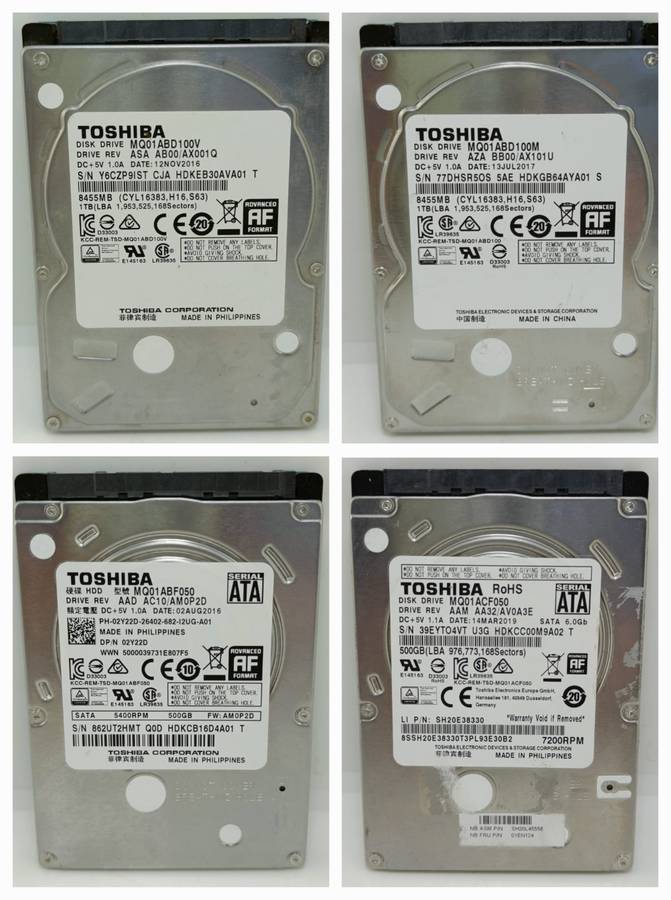 4 x Toshiba 2.5` Laptop Hard drives, 2 x 1000gig & 2 x 500gig Sizes, one bid for all, as per pics