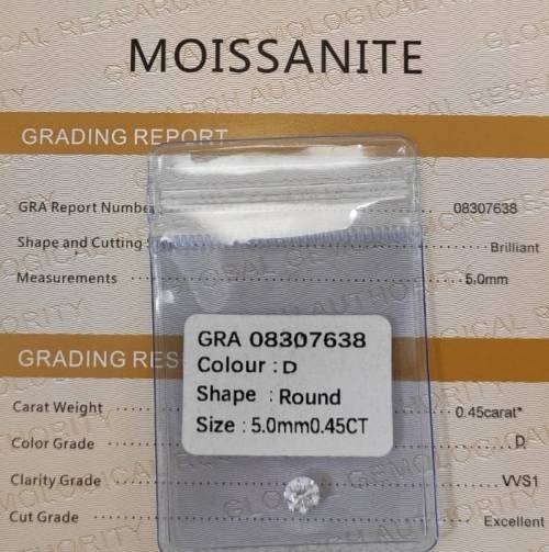 1 X 0.45ct(5mm) Round Moissanite, D Color, VVS1, Including Sertification, See Description!!