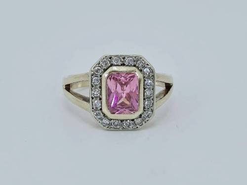 Solid 9ct Gold Designer Handmade Ring, With Natural Diamonds and Pink Gemstone