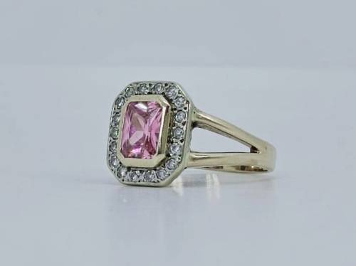 Solid 9ct Gold Designer Handmade Ring, With Natural Diamonds and Pink Gemstone