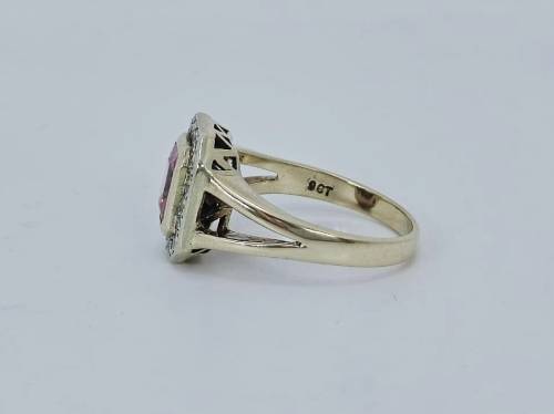 Solid 9ct Gold Designer Handmade Ring, With Natural Diamonds and Pink Gemstone