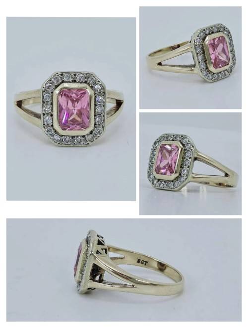 Solid 9ct Gold Designer Handmade Ring, With Natural Diamonds and Pink Gemstone