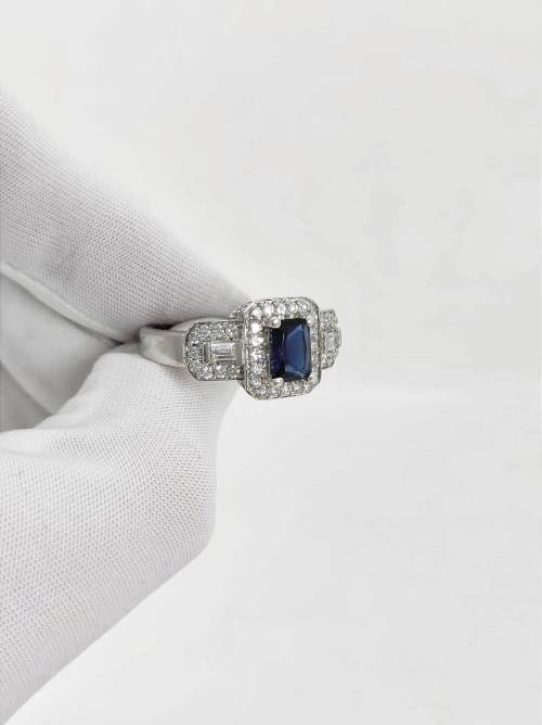 Solid 925 Silver Designer Engagement Ring with Royal Blue Color Gemstone.