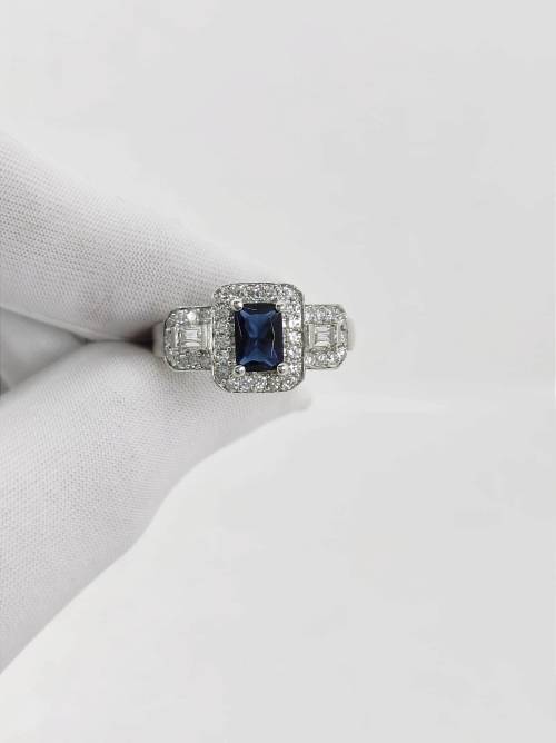 Solid 925 Silver Designer Engagement Ring with Royal Blue Color Gemstone.