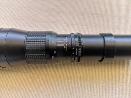 Super telephoto prime lens: Kimunor 1:6.3 / 400mm (T-mount) with hood and tripod collar. Pristine.
