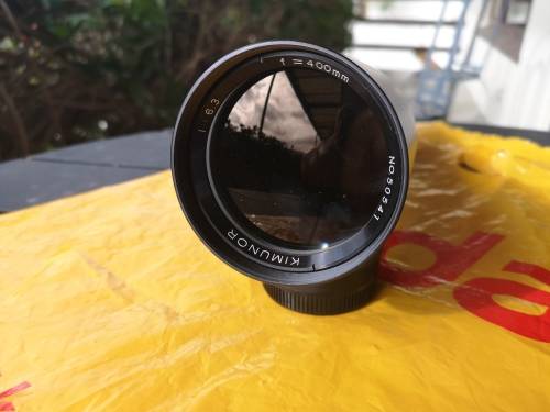 Super telephoto prime lens: Kimunor 1:6.3 / 400mm (T-mount) with hood and tripod collar. Pristine.