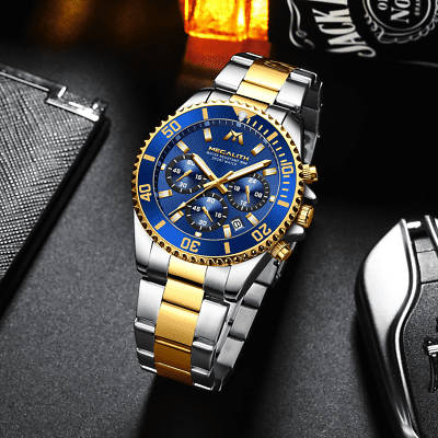 Megalith Mens Chronograph Watch Gold Silver Steel Blue Analog Quartz 12HR Dial Business