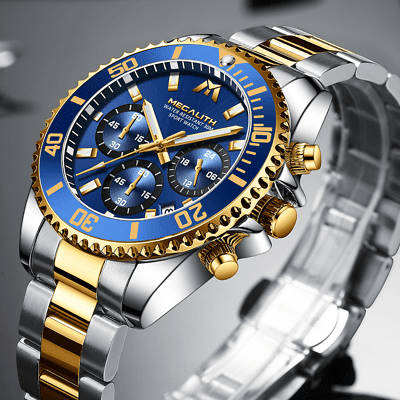 Megalith Mens Chronograph Watch Gold Silver Steel Blue Analog Quartz 12HR Dial Business
