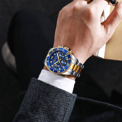 Megalith Mens Chronograph Watch Gold Silver Steel Blue Analog Quartz 12HR Dial Business