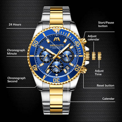 Megalith Mens Chronograph Watch Gold Silver Steel Blue Analog Quartz 12HR Dial Business