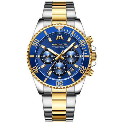 Megalith Mens Chronograph Watch Gold Silver Steel Blue Analog Quartz 12HR Dial Business