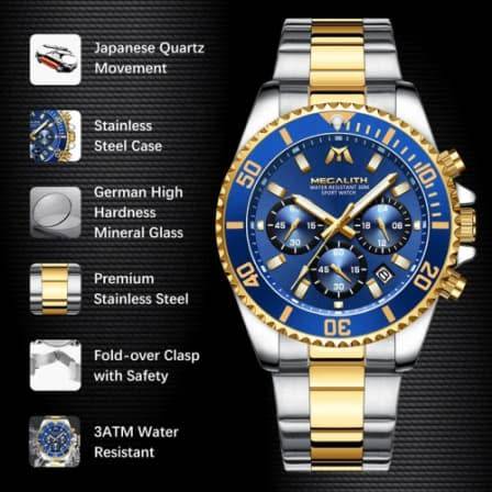 Megalith Mens Chronograph Watch Gold Silver Steel Blue Analog Quartz 12HR Dial Business