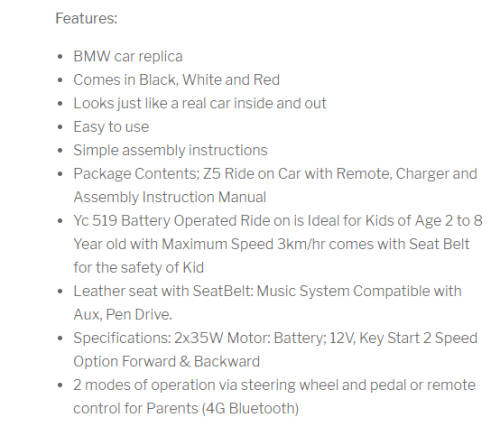 YC519 BMW KIDS RIDE CAR  WHITE WITH LOGOS