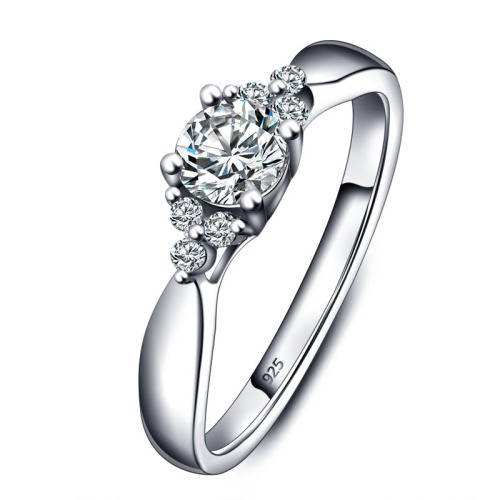 Genuine 925 Sterling Silver Solitaire and Accents Engagement Ring - Size 6