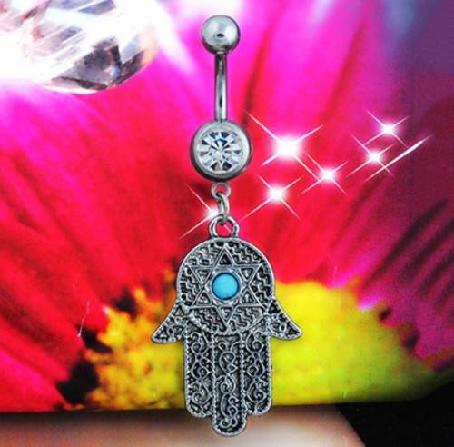 HAMSA HAND BELLY NAVEL RING STUD WITH CZ AND TURQUOISE BEAD