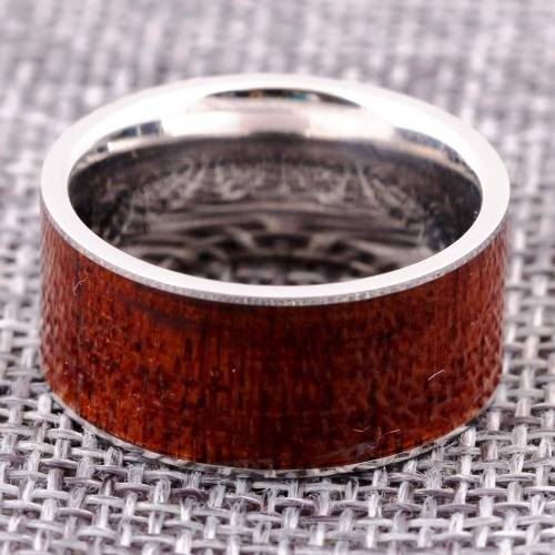 WIDE 10MM Wood inlay design 316L Stainless Steel Ring Band. Ring Size 10 / T+ / 20mm