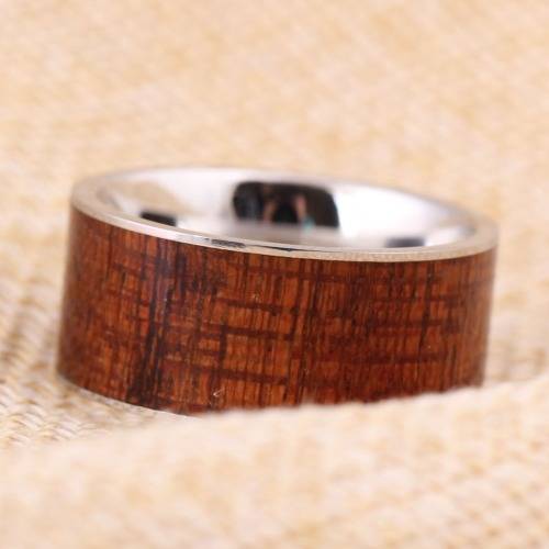 WIDE 10MM Wood inlay design 316L Stainless Steel Ring Band. Ring Size 10 / T+ / 20mm