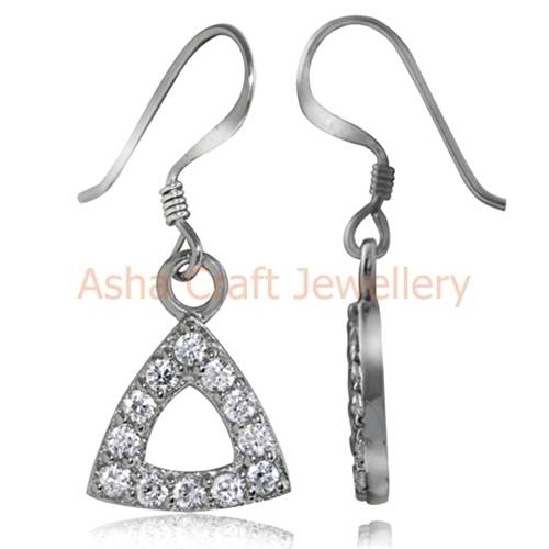 ~~*STER-LING-SIL-VER*~~ Genuine, REAL, Solid, 925 Sterling Silver Earrings, White CZ. TRIANGLE