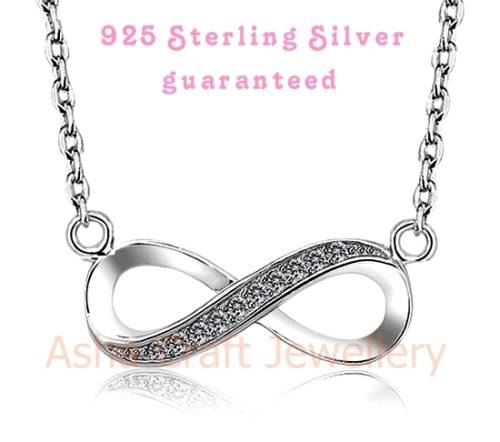 Asha Craft: Solid Genuine 925 Sterling Silver Infinity Design CZ Accents Necklace-45cm