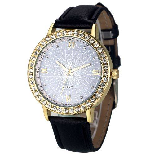 Ladies Quartz Watch Leather Golden Trim Rhinestone Accents
