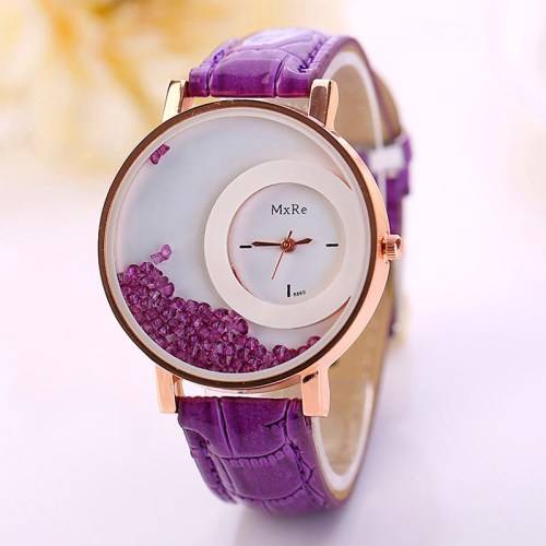 FLOATING DIAMONDS MxRe Brand Ladies Watch PU Leather - Amethyst Purple