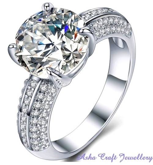 Sparkling 4.76ct Cr.Diamond Solitaire and Pave Accents Engagement Ring - Choose your size
