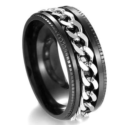 Mens Black Stainless Steel Rotating Wedding Band. Ring Size 8/Q