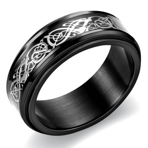 Black Celtic Dragon Stainless Steel Spinner Ring. Size 6,7,8,9,10,11,12,13