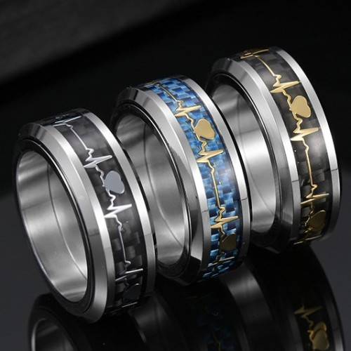 Mens Titanium Carbon Fiber Heartbeat Rotating Band. Ring Size 6,7,8,9,10,11,12,13