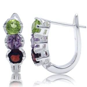 ASHA CRAFT - 1.98ct Genuine Amethyst, Peridot, Garnet 925 Sterling Silver Huggie Earrings