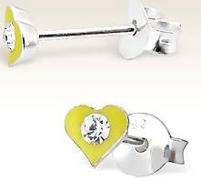 STUDS! Yellow Enamel and Crystal Heart Shape 925 Sterling Silver Earrings
