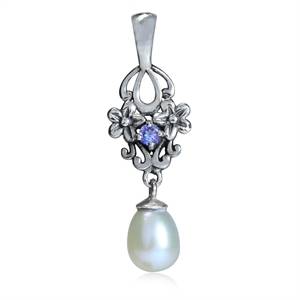 Exquisite Natural Tanzanite and Freshwater Pearl 925 Sterling Silver Pendant