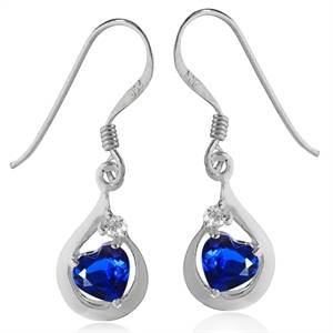 Created Blue Sapphire & White CZ 925 Sterling Silver Drop Dangle Earrings