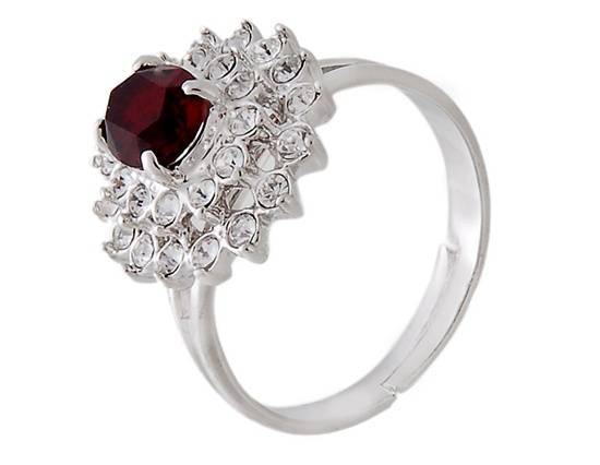 RED APPLE Garnet Red and White Crystal Cocktail Ring. Adjustable Size 8/Q /18mm