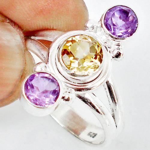 GENUINE CITRINE + AMETHYST GEMSTONE 925 SILVER RING JEWELRY size 8