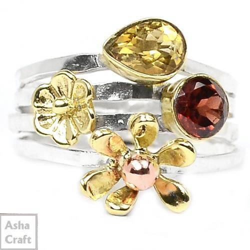 handcraft 9CT YELLOW GOLD VERMEIL GARNET CITRINE 925 STERLING SILVER RING